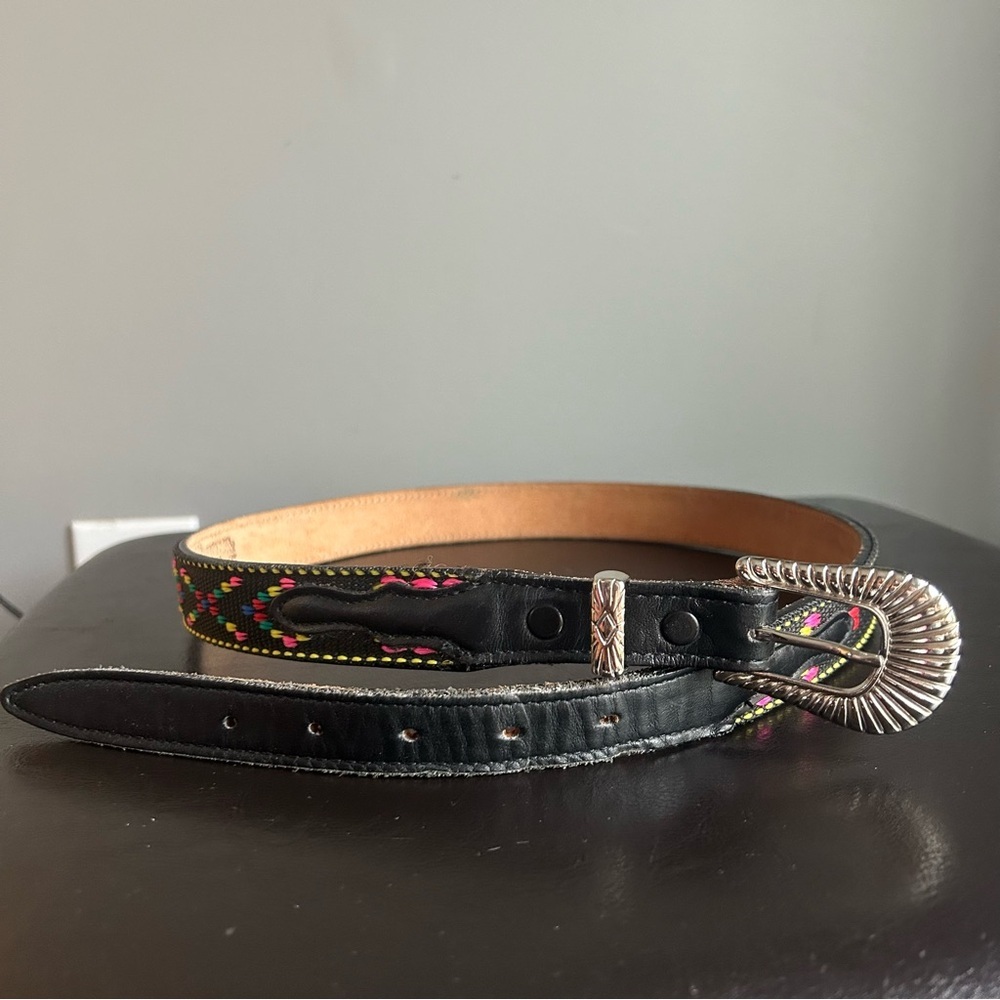 Nocona Belt Co. Black Leather Belt with colourful Stitching & Silver Buckle